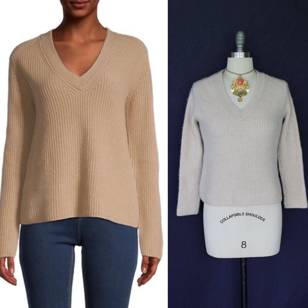 VINCE cashmere SHAKER RIB V-NECK pullover light khaki tan tunic dress sweater XS